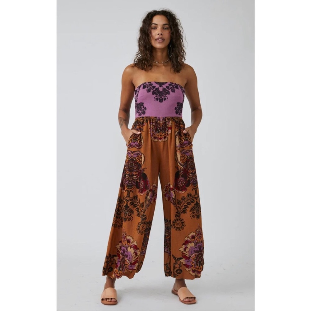 Free People Indigo Sun purple gold floral wide leg jumpsuit
